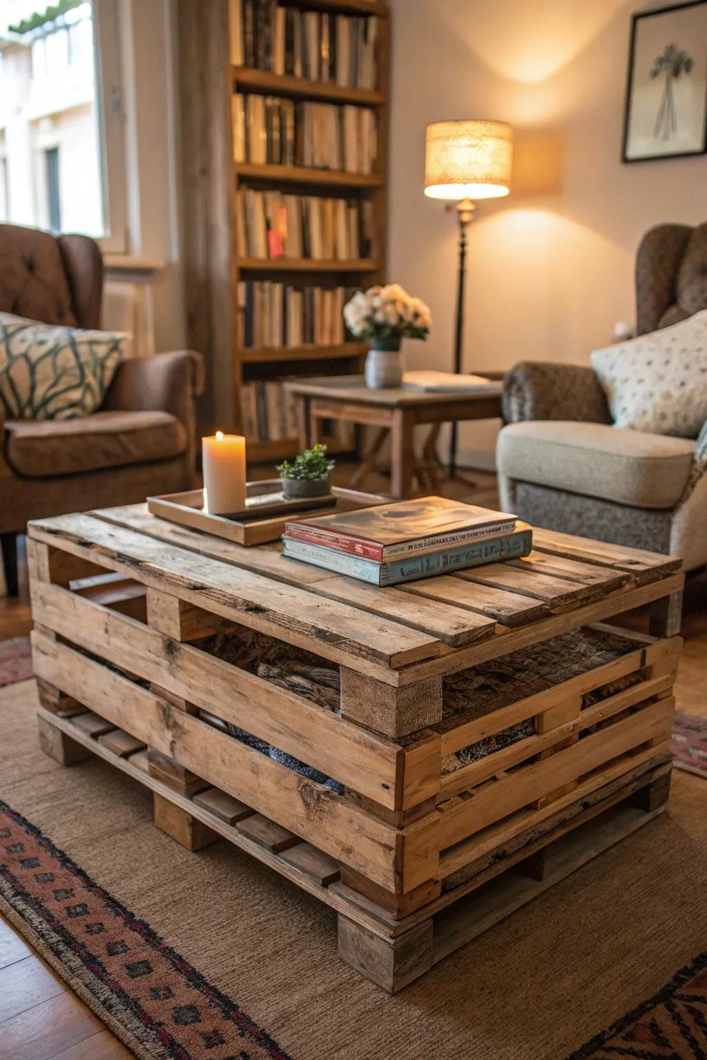 Country beauty with a box-stacked coffee table.