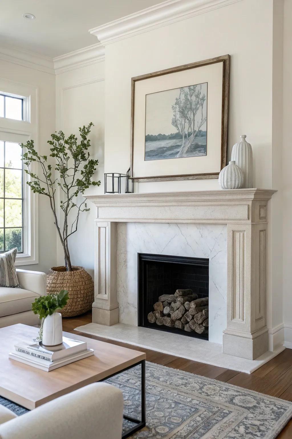 A minimalist artificial fireplace mantel displaying subtle sophistication.