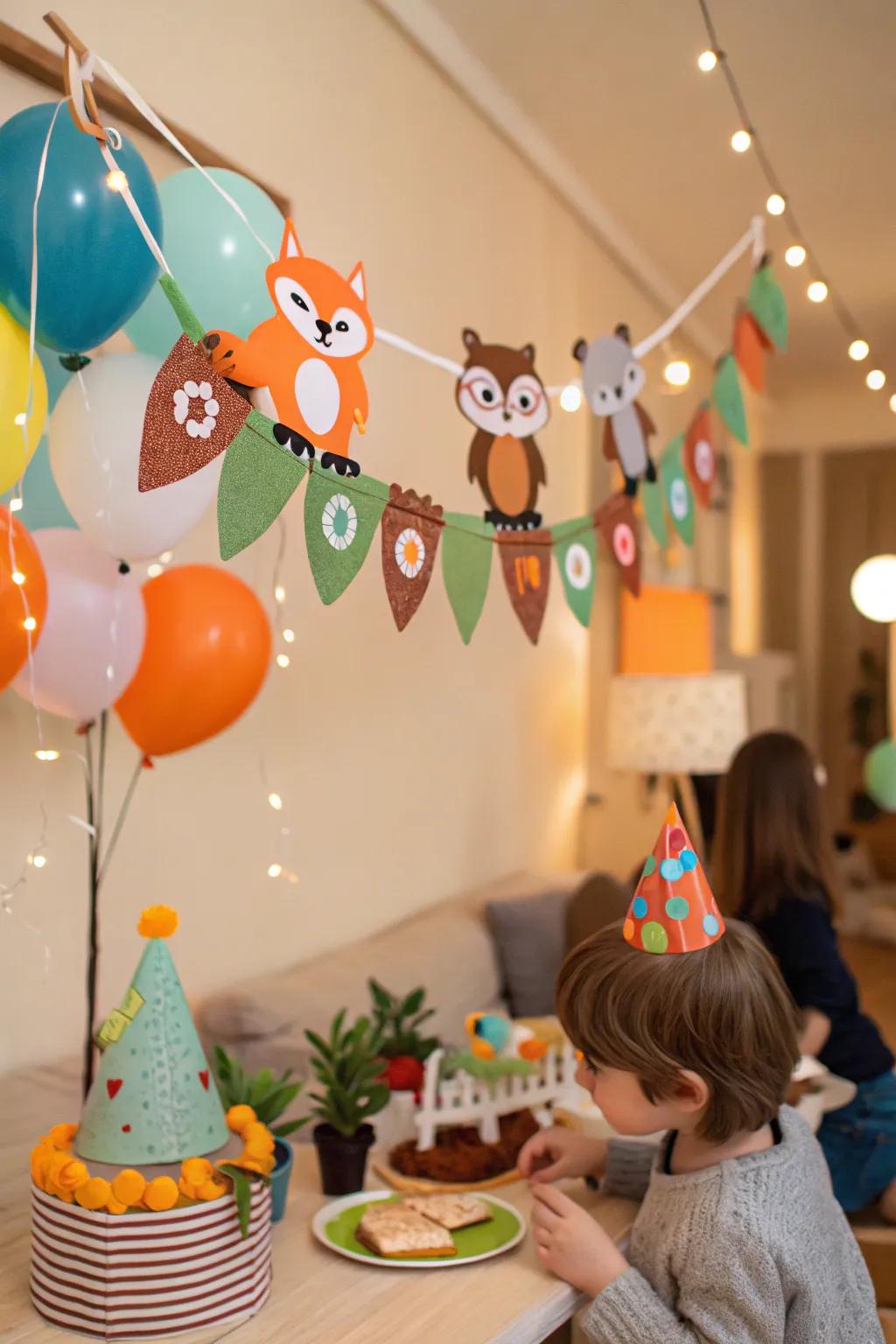 Animal-themed felt garlands incorporate a playful element into any children’s celebration.