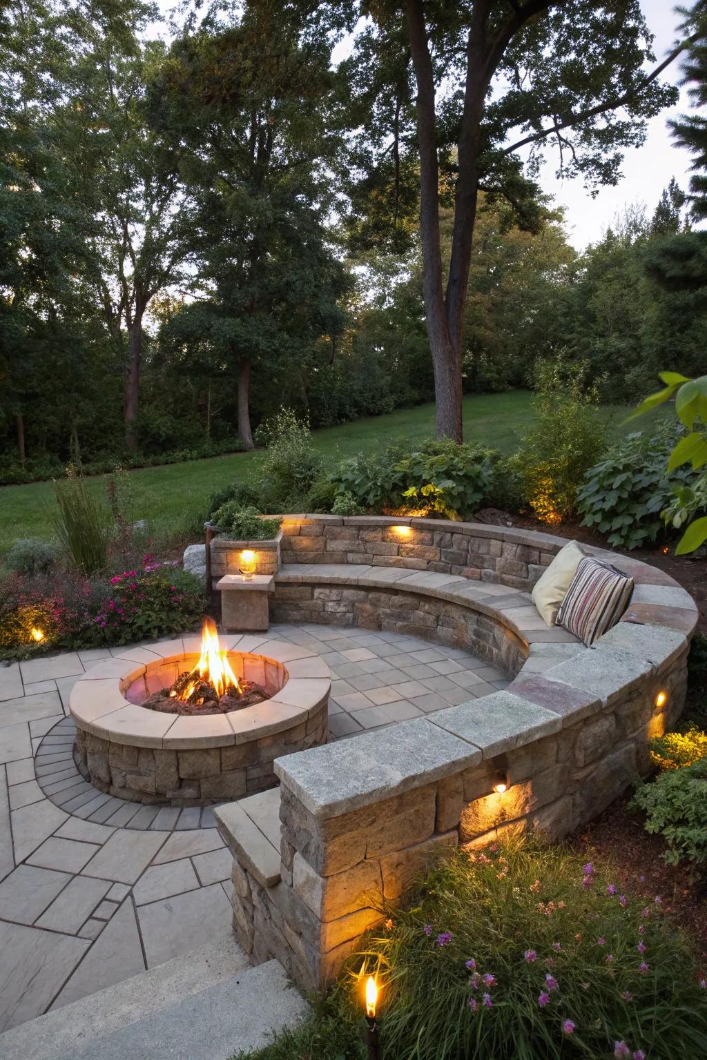Integrated seating delivers a polished and unified fire pit arrangement.