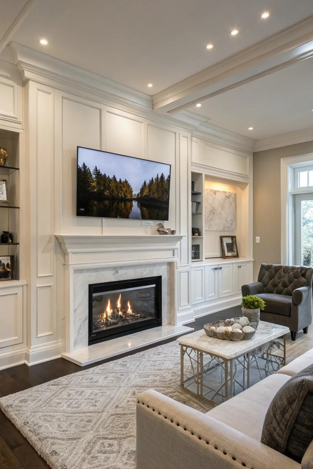 A smoothly integrated TV above the fireplace contributes a modern feel.