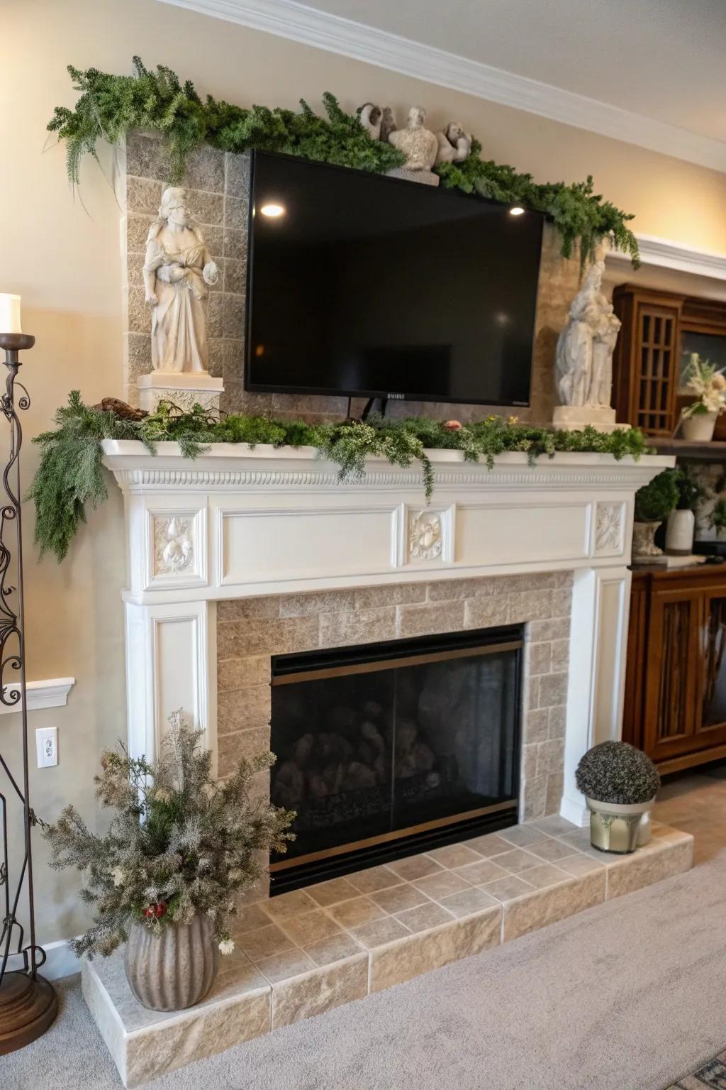 A mantle styled with greenery and sculptures beneath a TV.