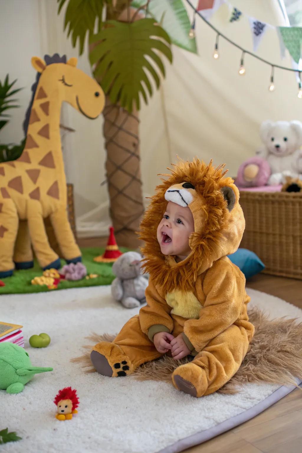 A majestic lion getup for your wee one's inaugural trek.