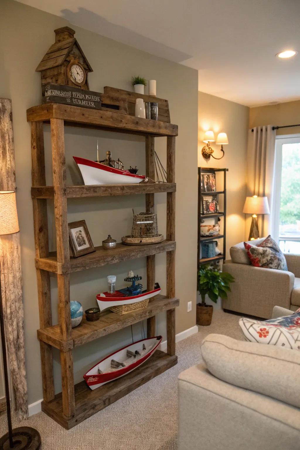 Repurposed wood shelves work perfectly in showcasing fishing decor.