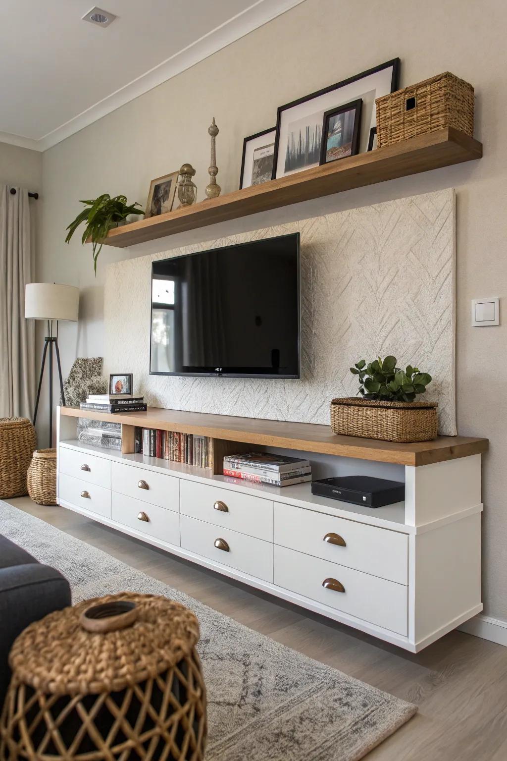 Merge flair and storage with a drifting ledge showcasing incorporated drawers.