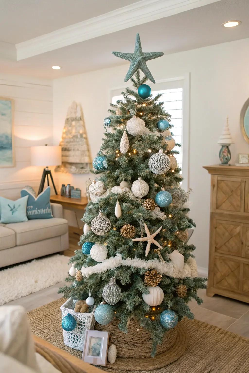 A coastal-themed flocked Christmas tree showcasing sea-inspired embellishments.