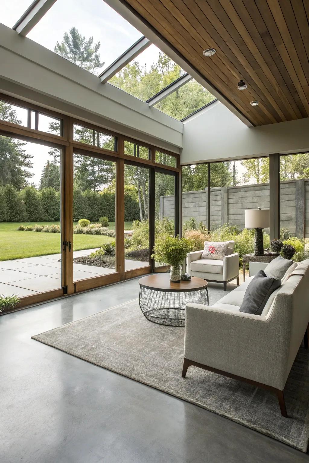Modern factory-style sunroom with hardened flooring.