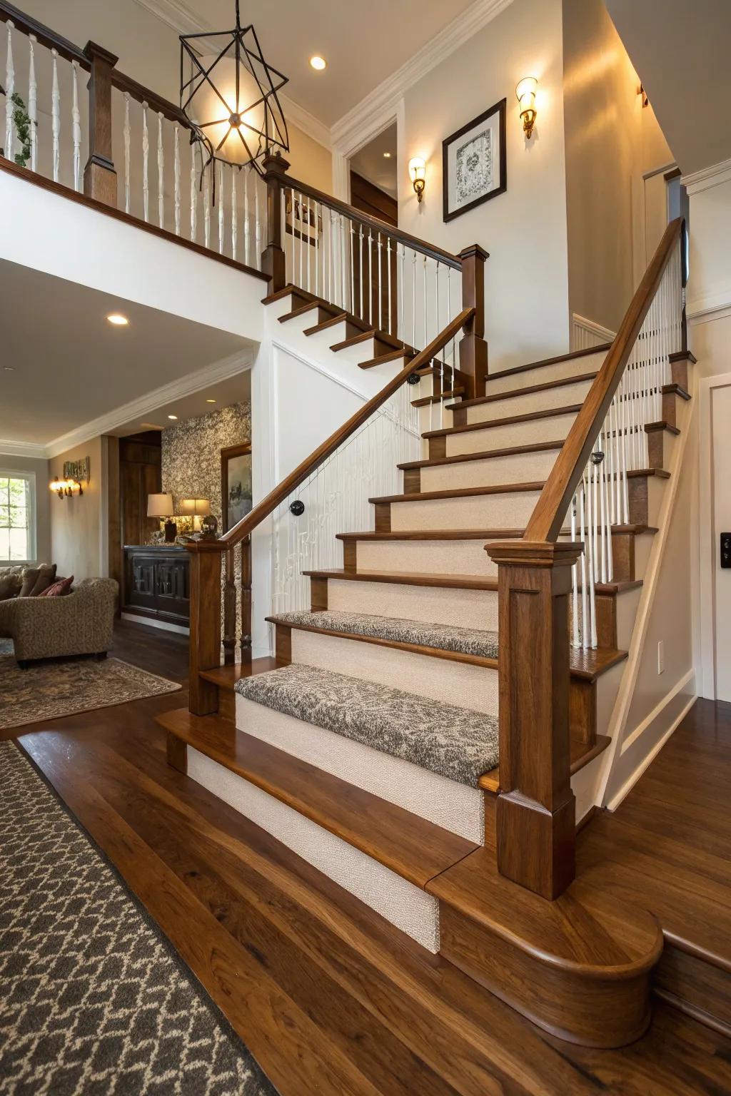 Integrating wood and carpeting on stairs delivers a singular and elegant visual.