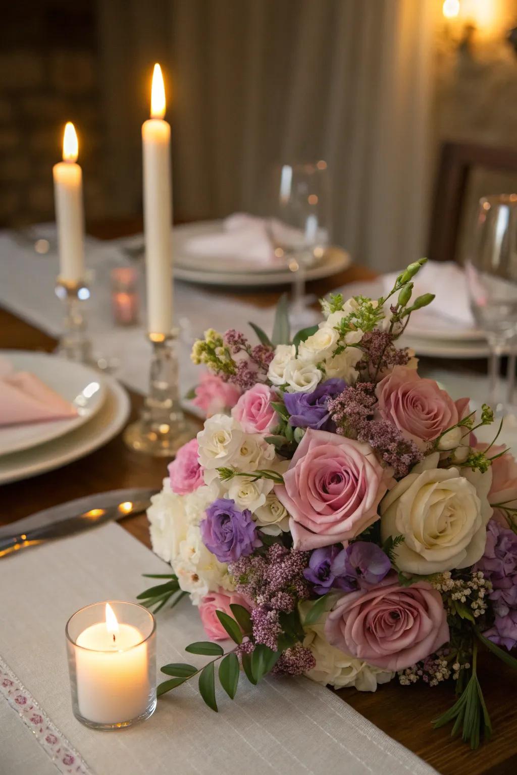 An amorous arrangement contributes sophistication to a candle-lit dining experience.