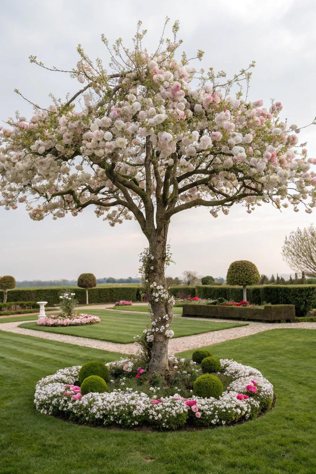 Symmetrically positioned flowers deliver balanced elegance to the base of this tree.