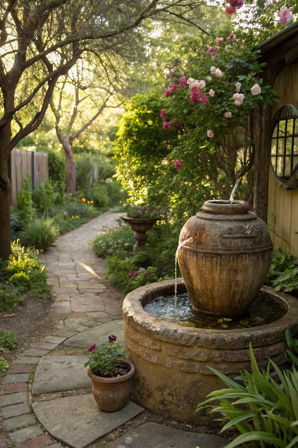 Embrace rustic charm with a pottery fountain.