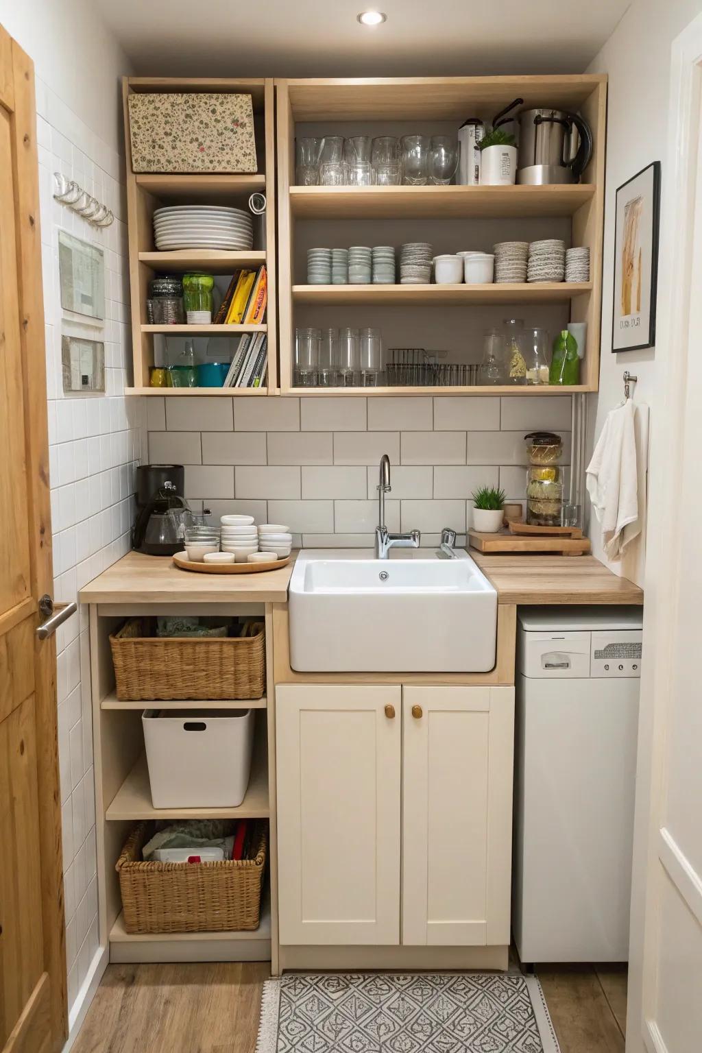 A compact kitchen plan using a space-saving independent sink.