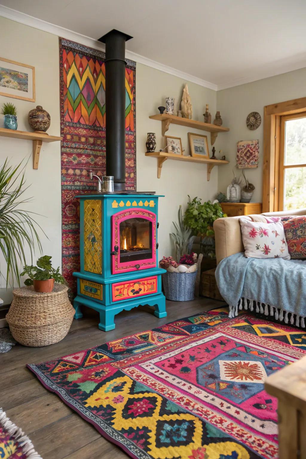 This cheerful space is given a playful touch by a colorful fireplace.