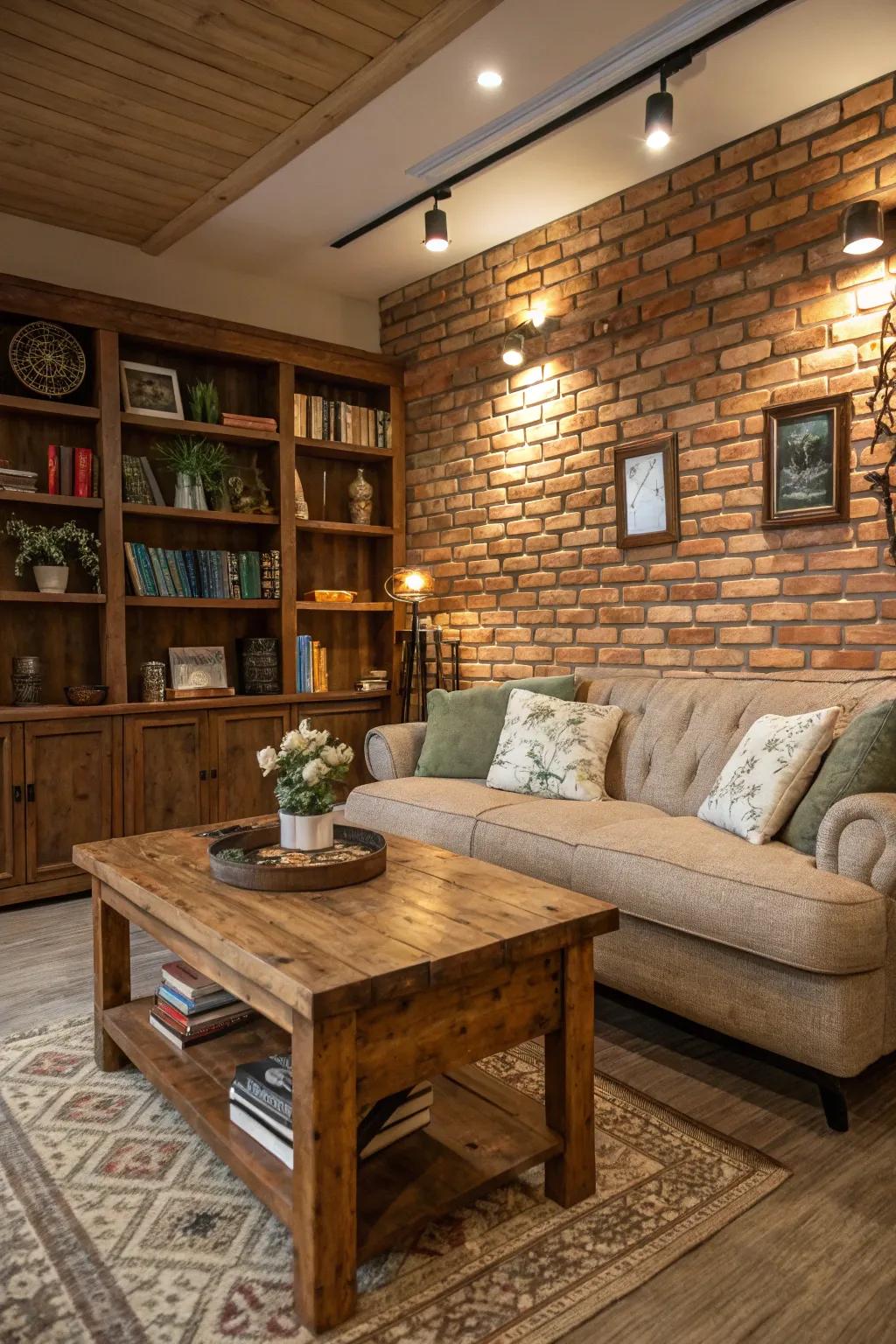 An intimate area showcasing a faux brick accent wall.