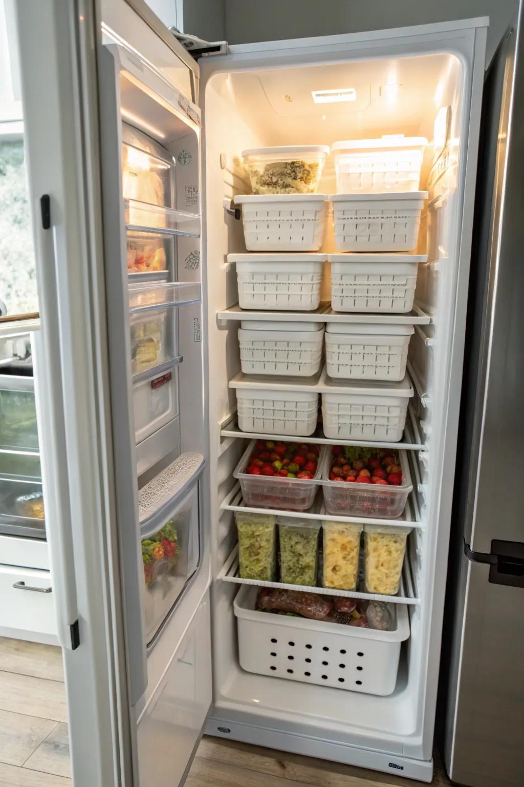 Stackable bins provide a secure and organized storage option.