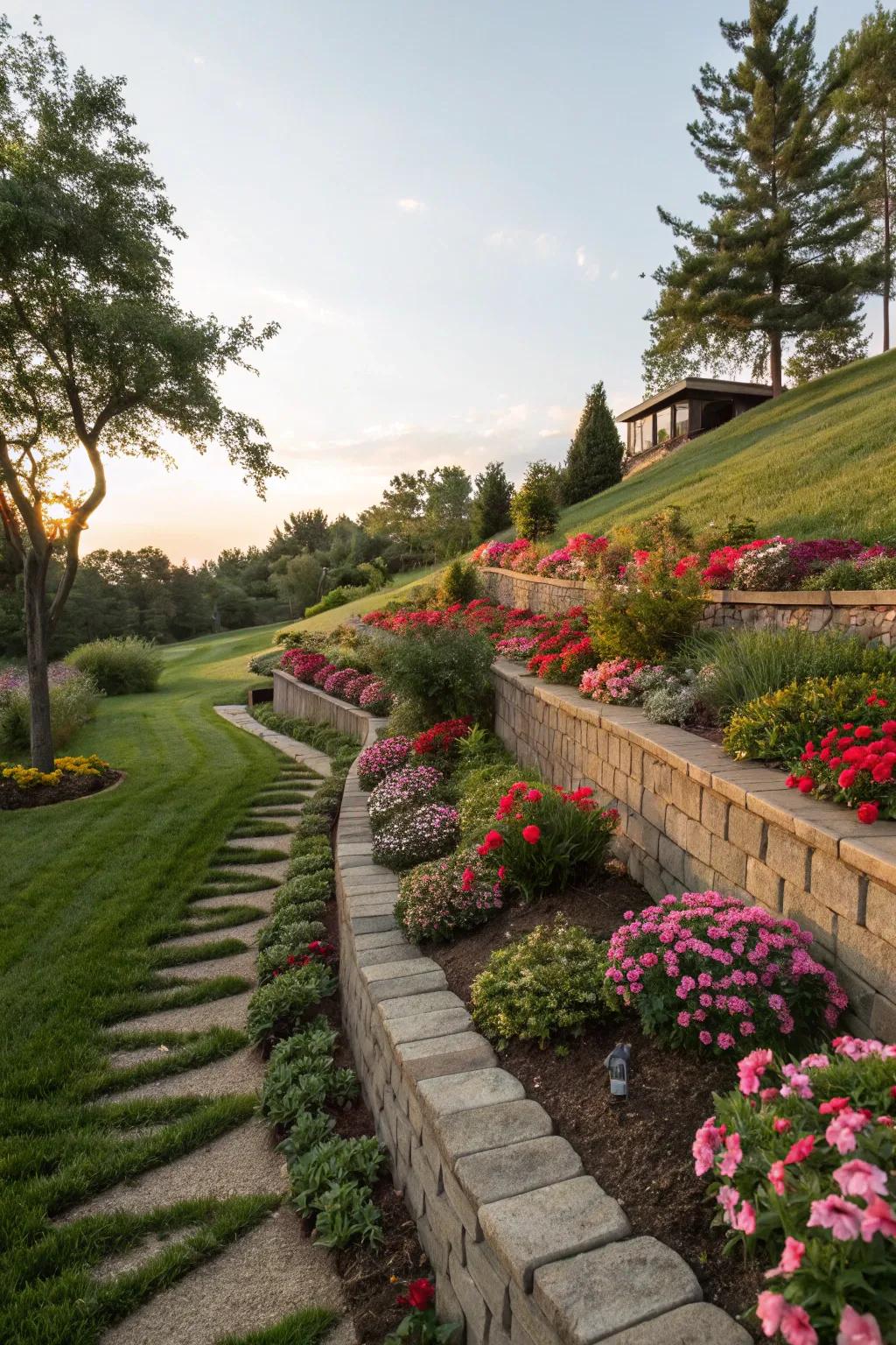 A sloped garden directing water into a French drain, enhanced by terraced vegetation.
