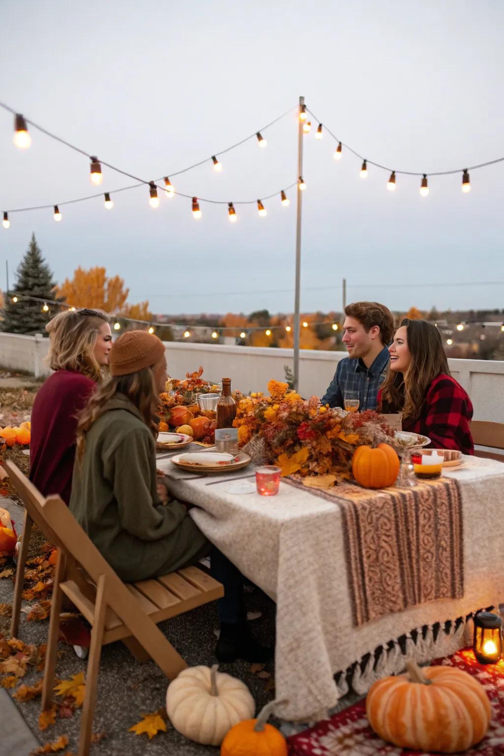 A captivating open-air Friendsgiving setting beneath sparkling lights.