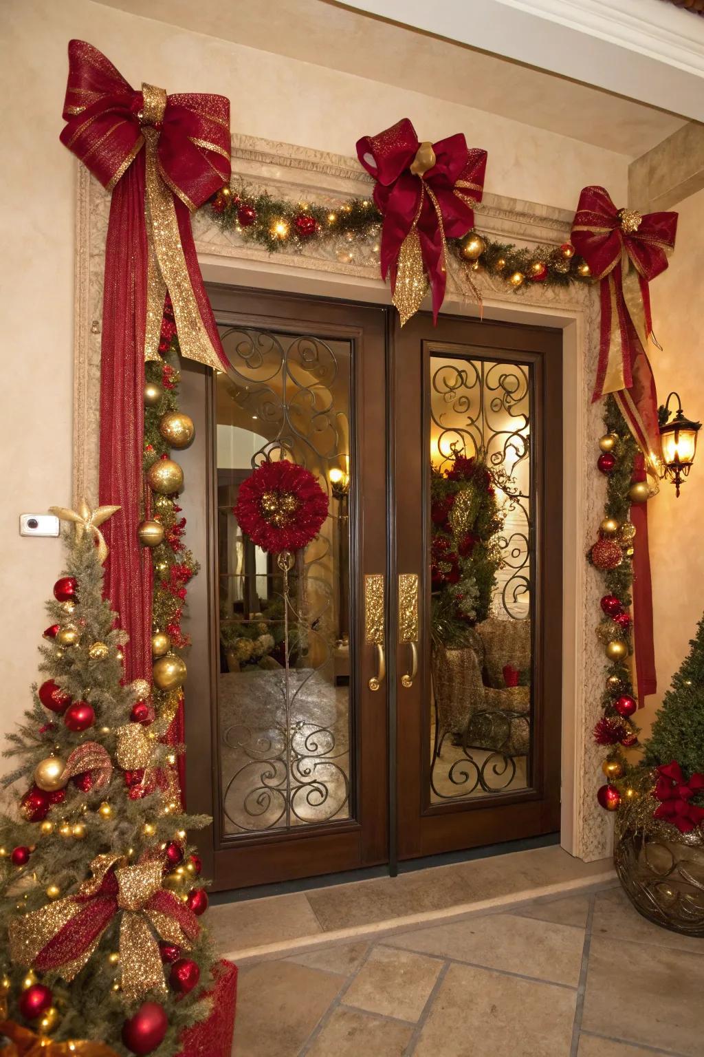 Sophisticated crimson and gold details on a front door.