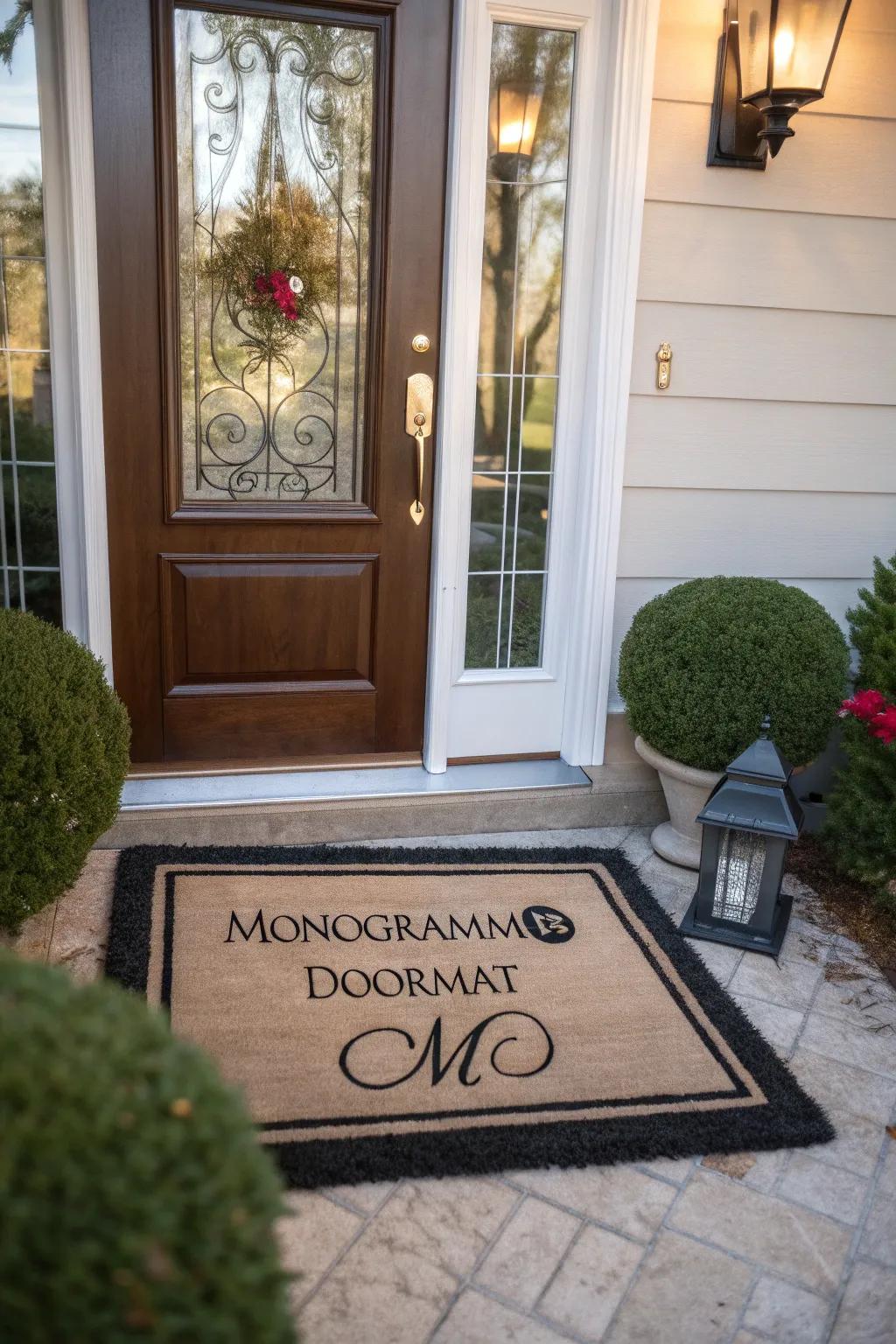 An elegant, lettered doormat at the doorway.