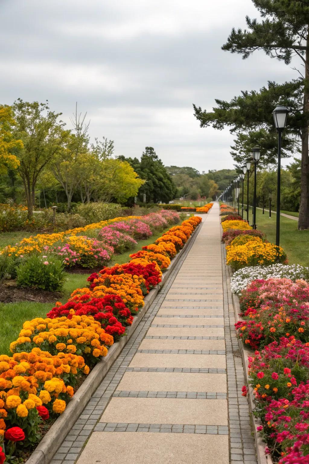 Flower beds deliver a vibrant and fragrant greeting.