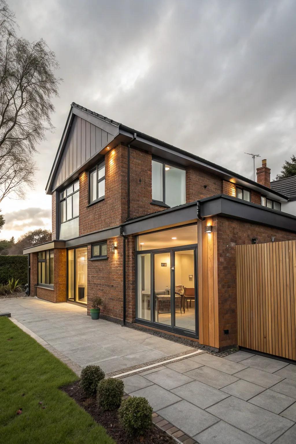 A modern home uses mixed materials on its front extension for a unique look.