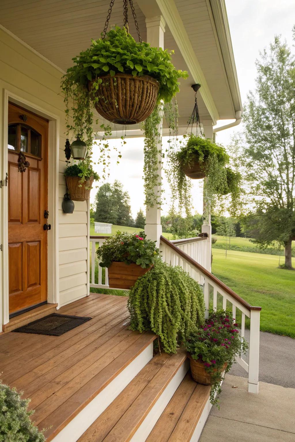 Hanging vegetation loaded with trailing greens enriches this front porch.