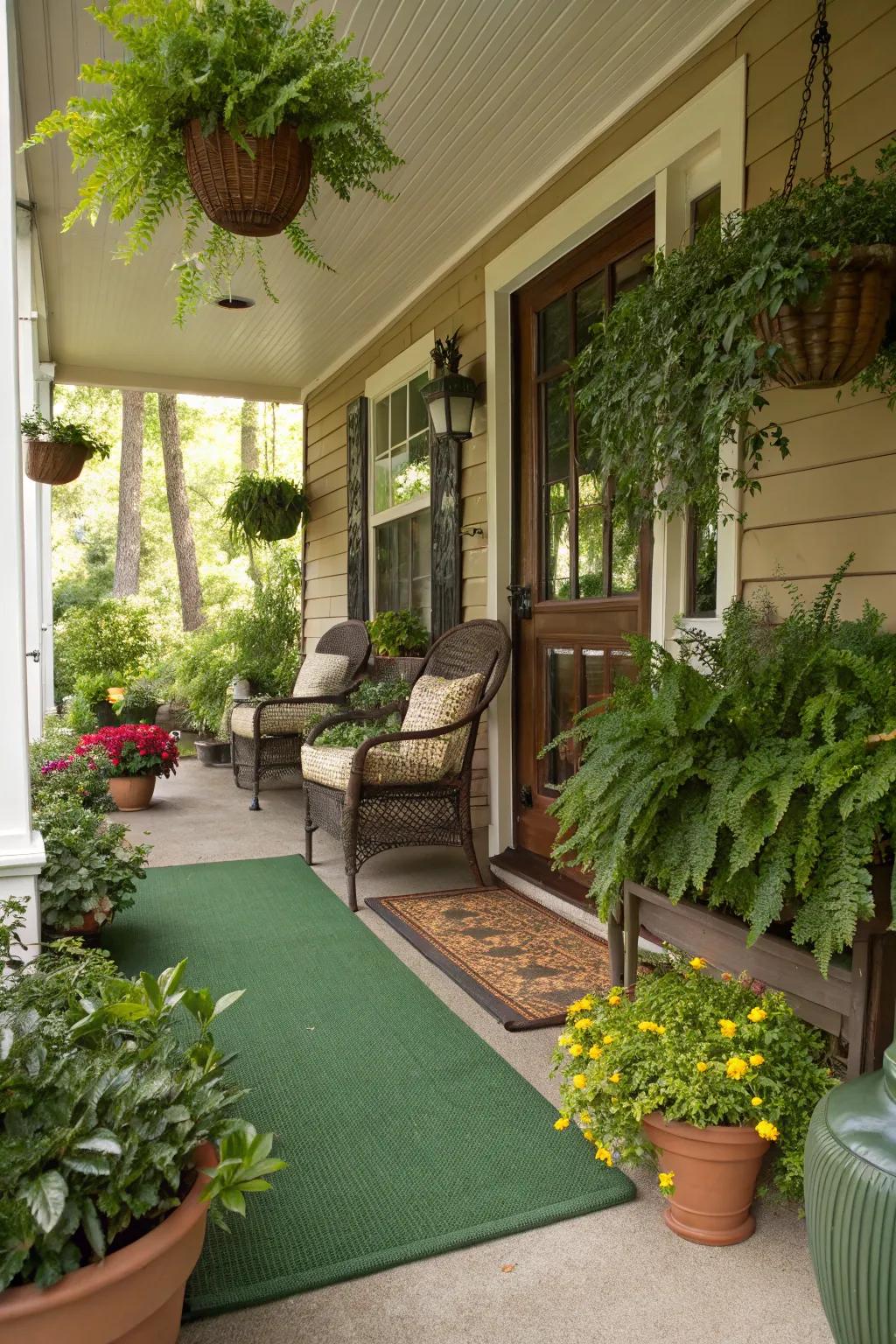 The combination of vegetation and carpets creates a nature-inspired patio.