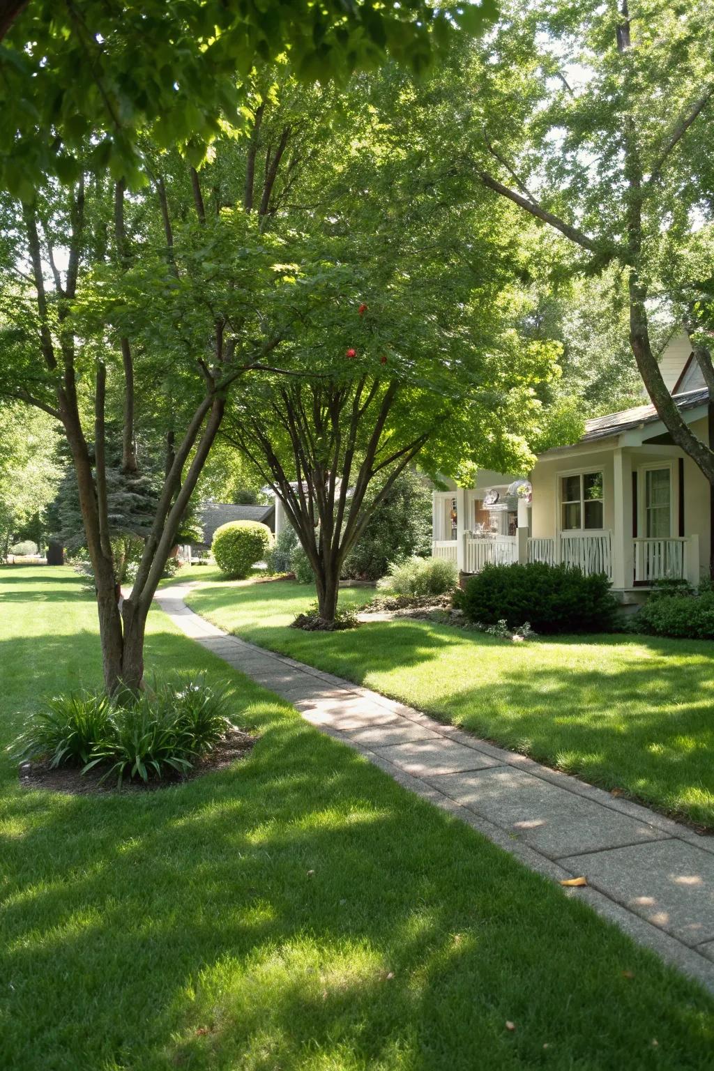 Saplings contribute height and a cozy ambiance to the front yard.