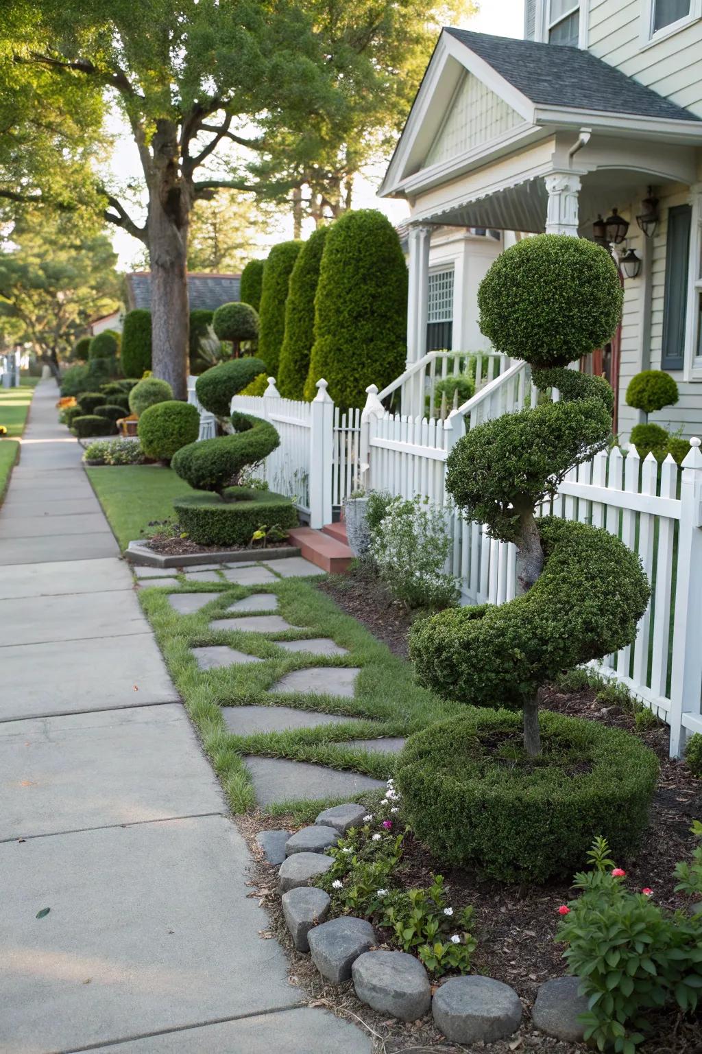Topiary adds whimsy and sculptural interest to a front yard.