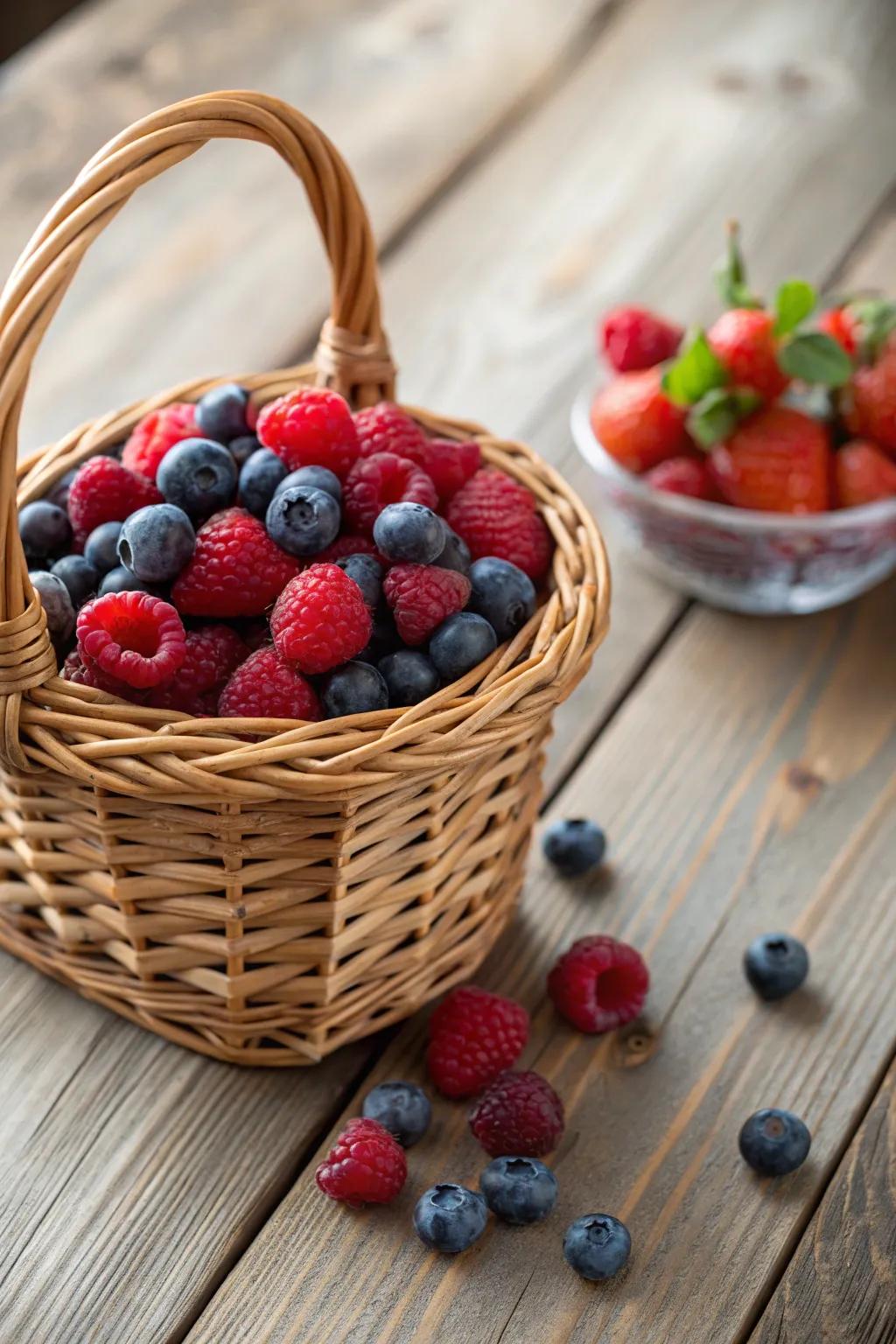 A rustic berry container that contributes a natural element to any setting.