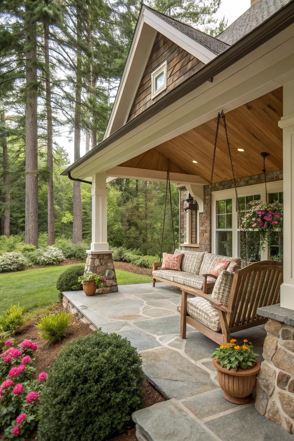 A down-to-earth stone base that amplifies the veranda's natural magnetism.
