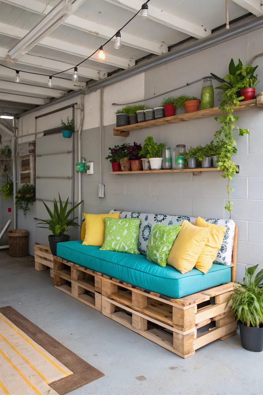 Pallet loungers provide an eco-friendly and rustic feel to any garage setting.