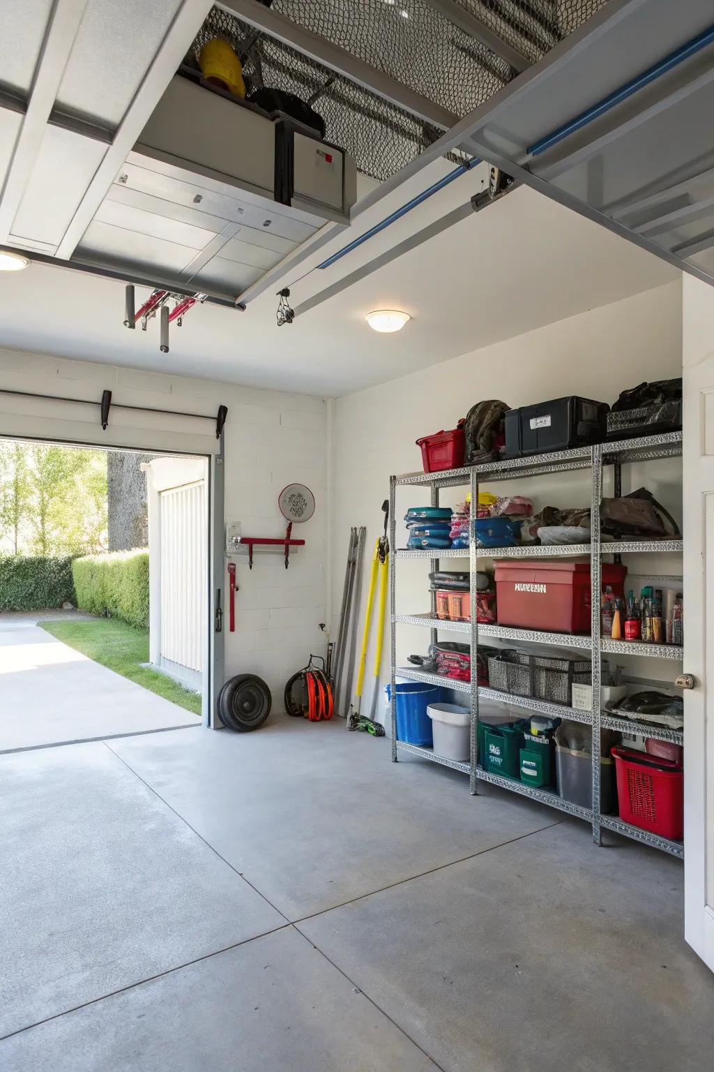 Overhead racks efficiently harness vertical space in the garage.
