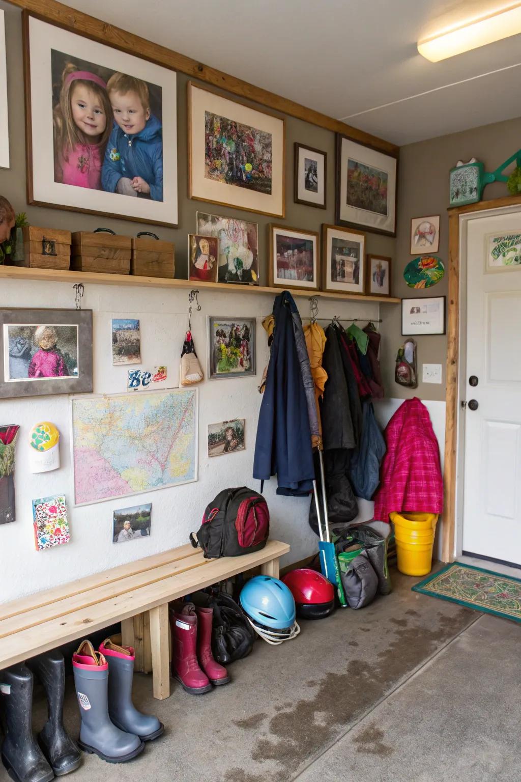Personalize your mudroom with family portraits and artwork to create a warm ambiance.