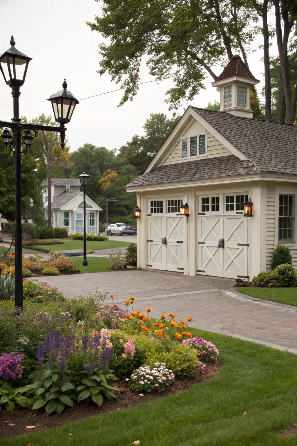 A classic carriage-style garage door featuring elegant trim.