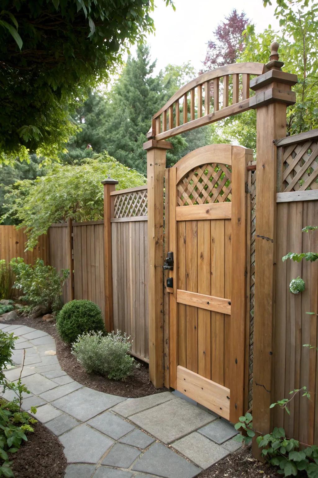 Sturdy lumber gate ensures seclusion in your garden sanctuary.