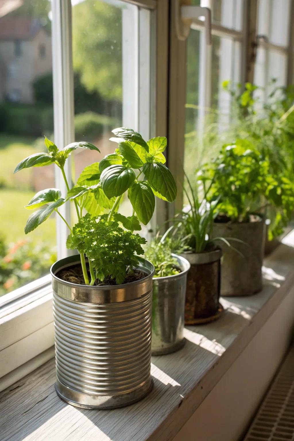 Upcycled receptacles render charming herb planters.