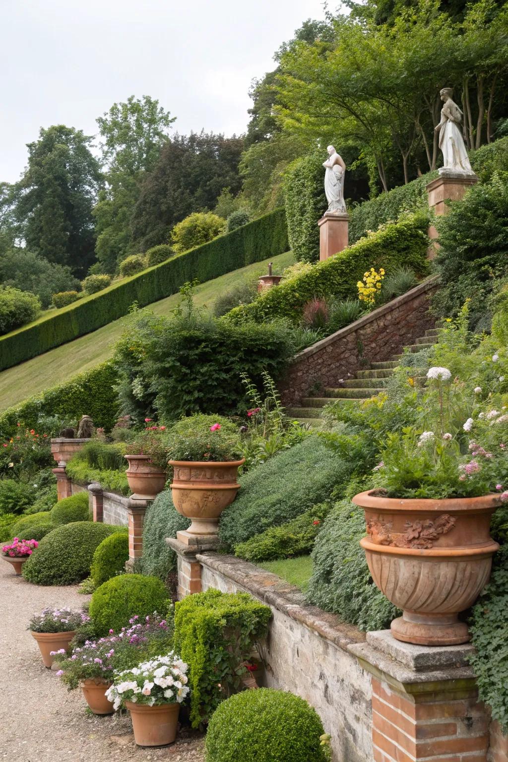 Ornamental features infuse persona and charm into sloping gardens.