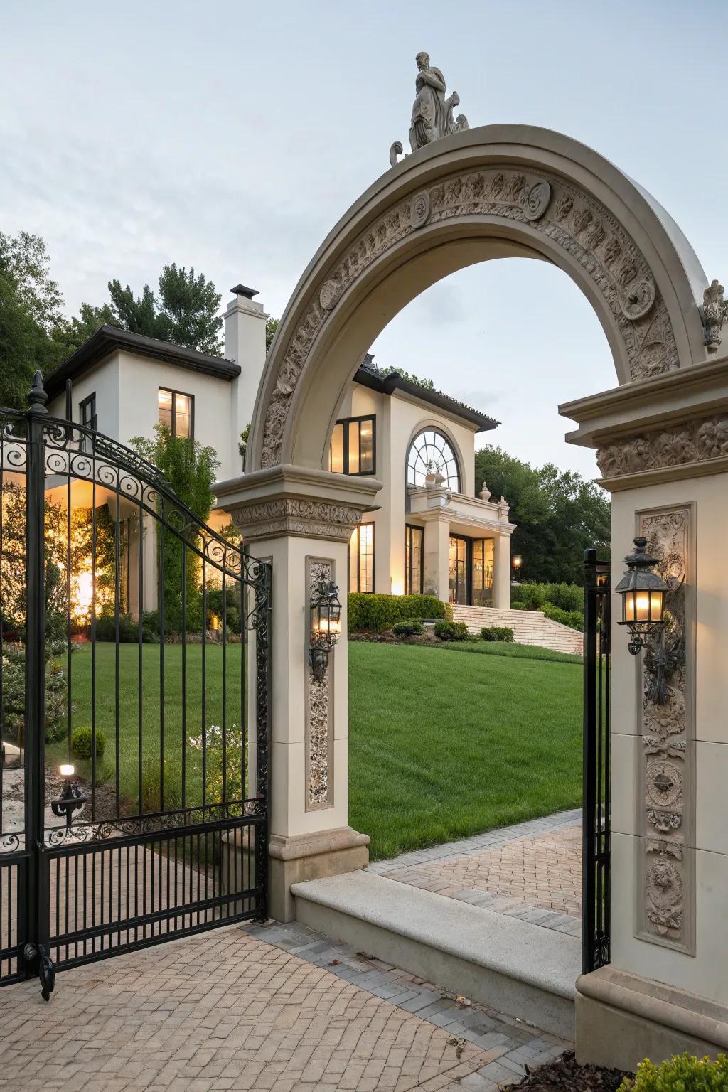 Sculptural features enhancing a gate.