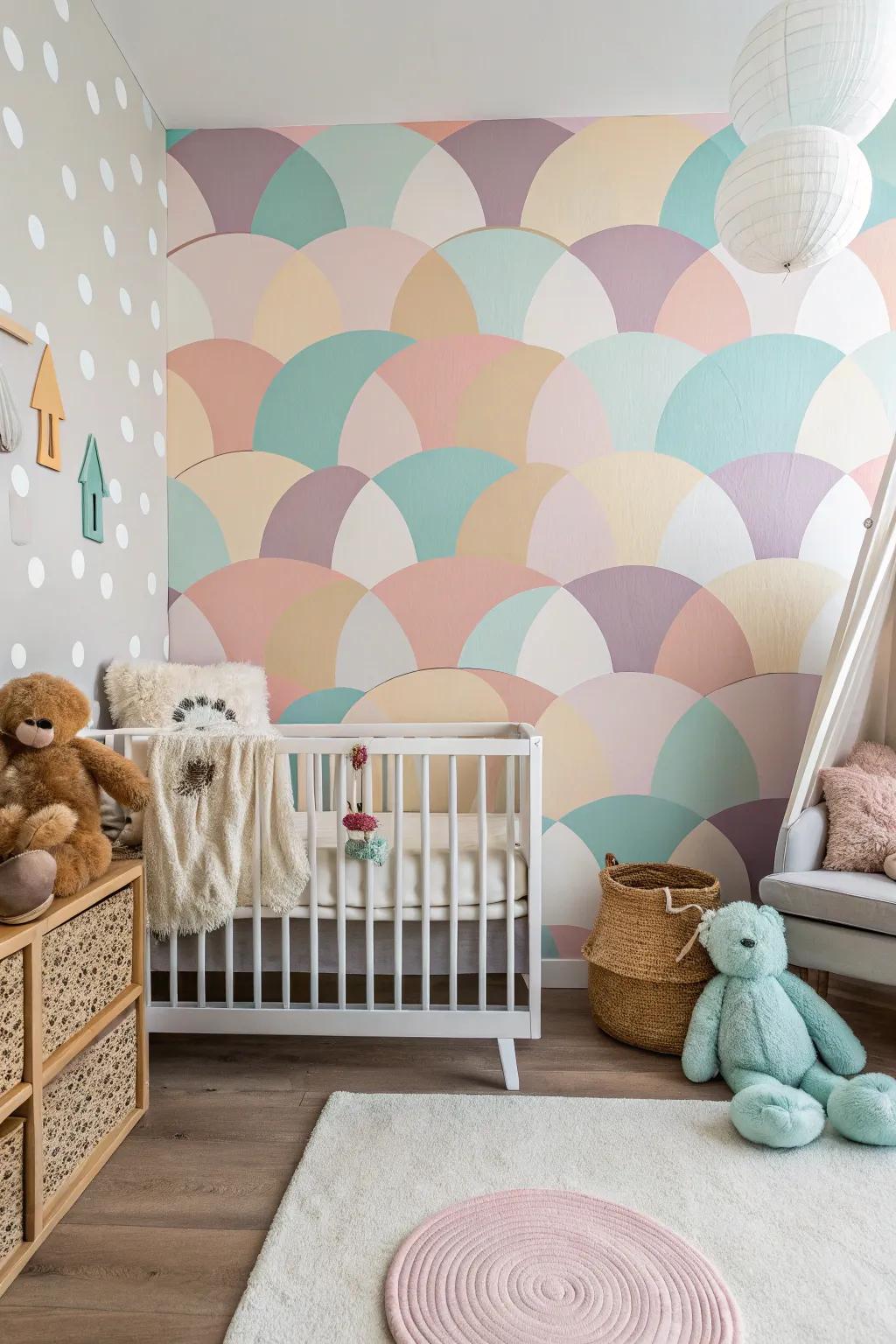 A nursery featuring calming circular geometric wall patterns.