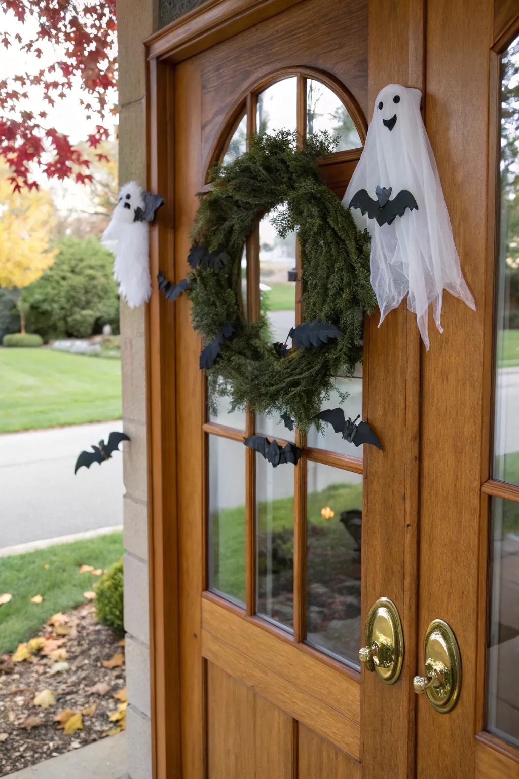 A specter wreath creates a spooky yet welcoming atmosphere for your house.