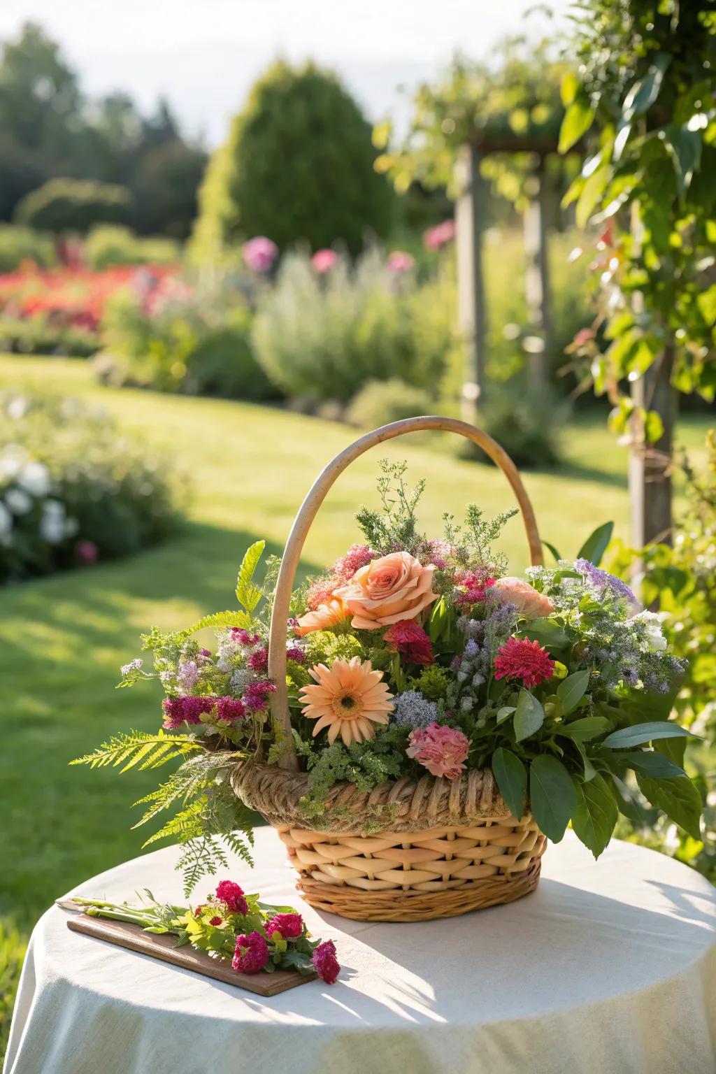 A gift basket embellished with vibrant blossoms for a natural impression.