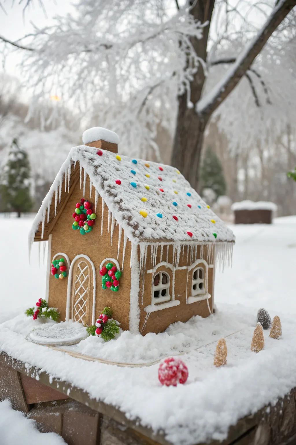 A gingerbread residence showcasing graceful sweet drip danglers.