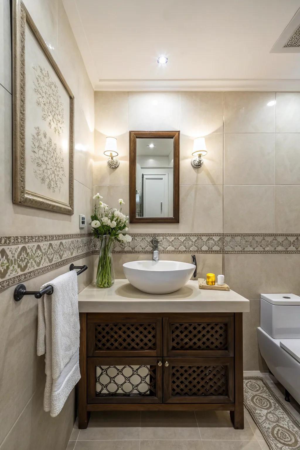 A bathroom showcases a stylish sink accompanied by minimalistic decor.