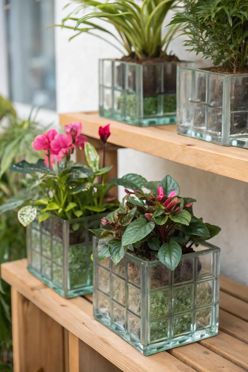Transparent cubes imaginatively utilized as greenery boxes, injecting greenery into the décor.