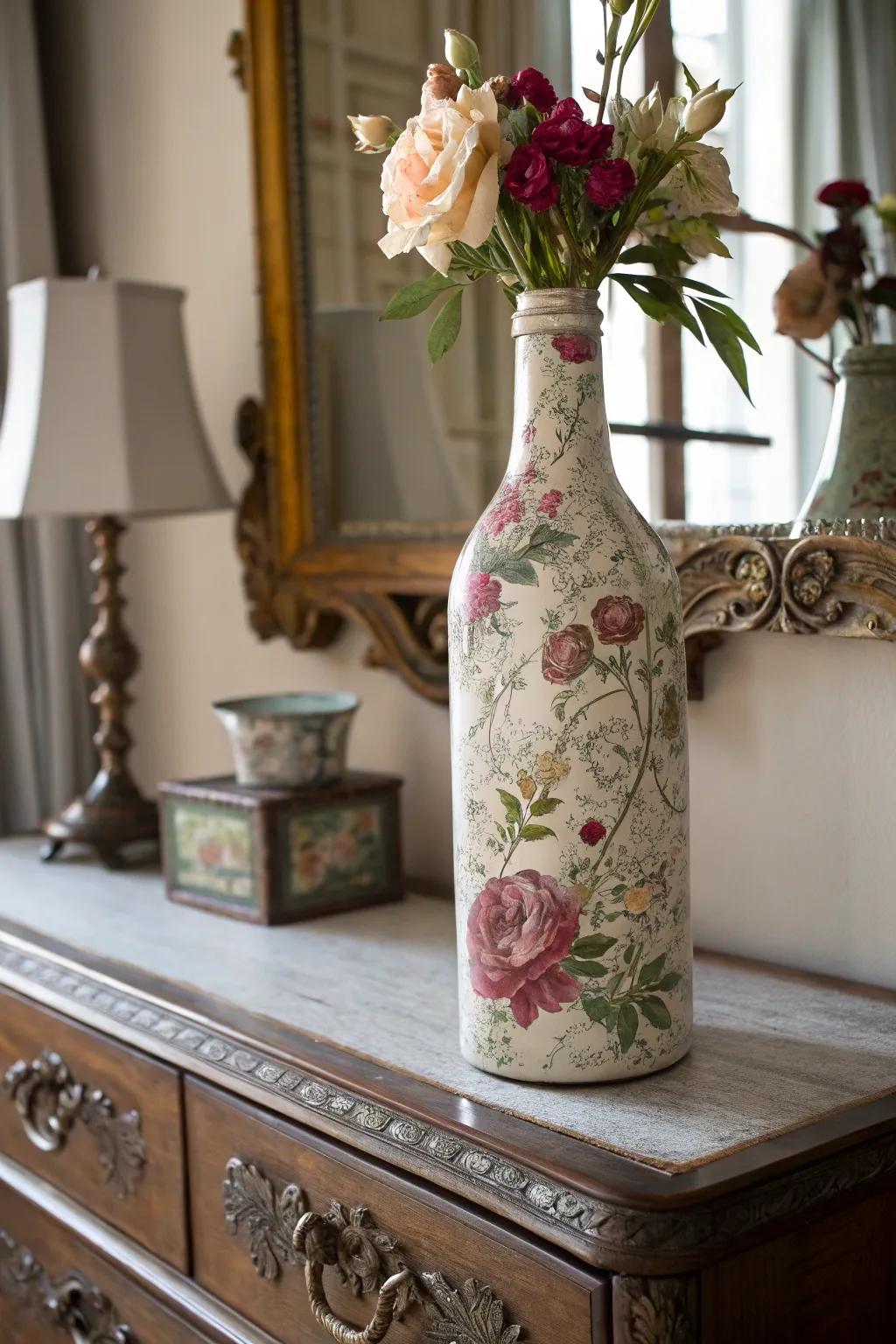 A decoupage bottle exhibiting vintage floral charm.