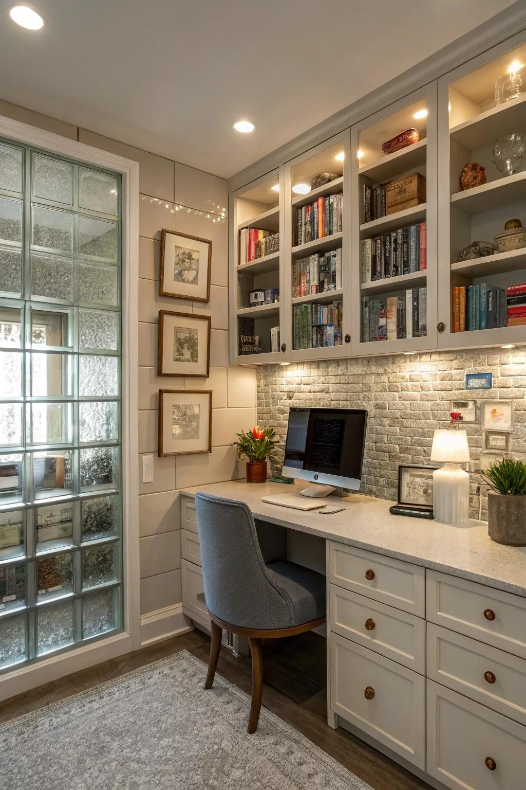 Glass tiles in shelving alcoves contribute style and magnificently reflect light.