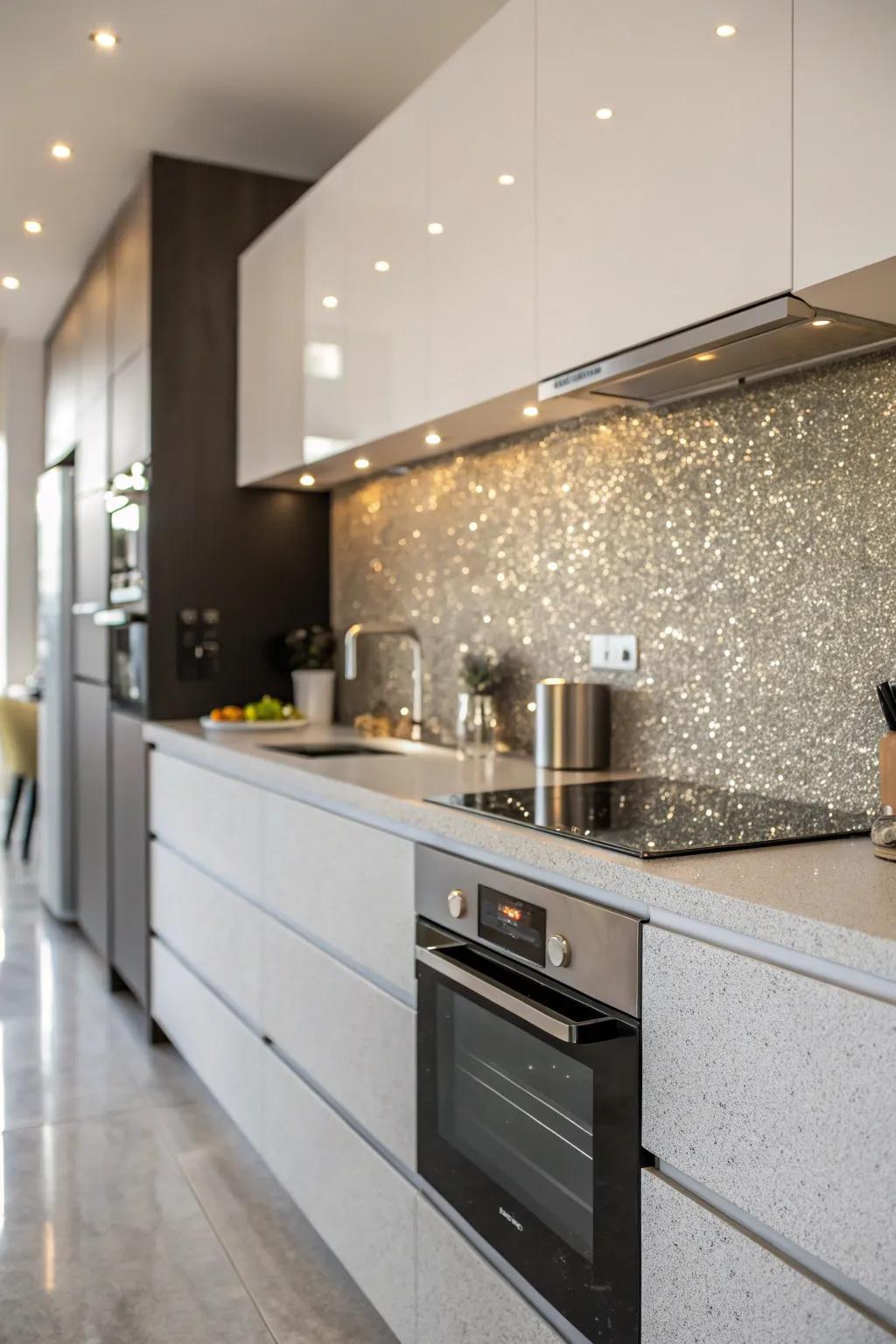 A <strong><em>glitter accent wall</em></strong> brings shimmer to a kitchen.” loading=”lazy” class=”pimg”>
	</picture><figcaption>A <strong><em>glitter accent wall</em></strong> brings shimmer to a kitchen.</figcaption></figure>
<p>Present an element of unforeseen glamour to your kitchen by incorporating a <strong><em>glitter accent wall</em></strong>. It’s a pleasant surprise that can elevate the entire cooking atmosphere.</p>
<h3>A few things you might like:</h3>
<ul class=