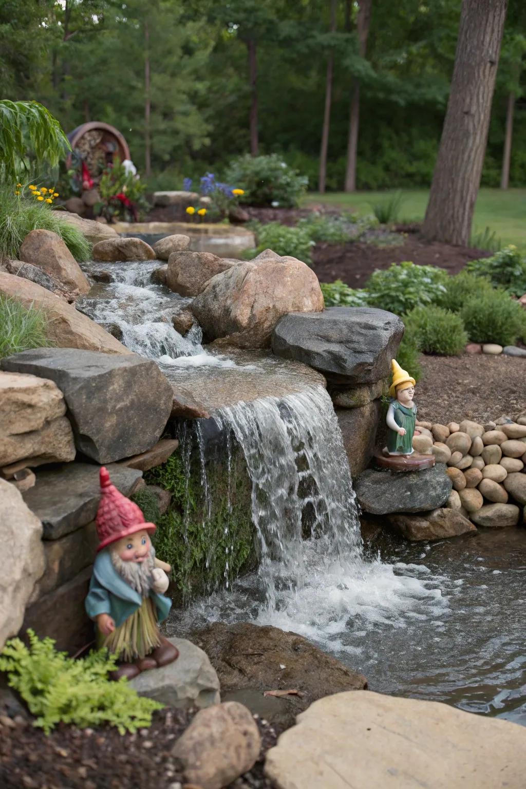 A fable-inspired cascade bestows tranquility upon any gnome garden.