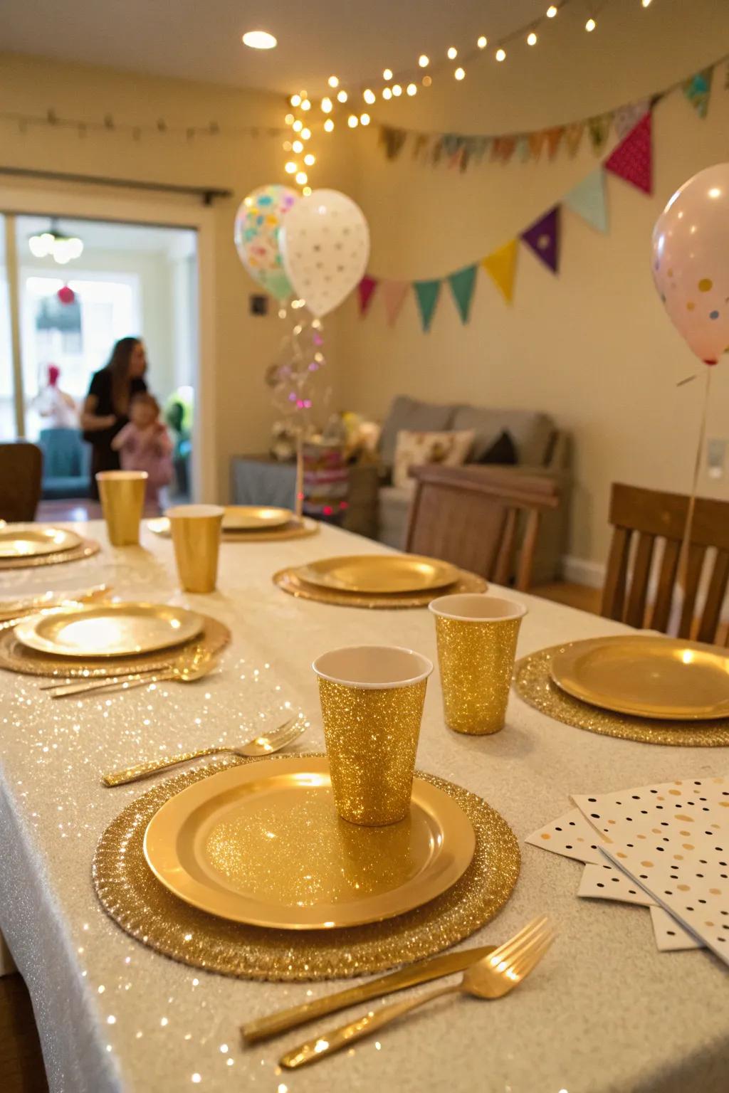 Radiant gold serving pieces help bring together a well coordinated party theme.